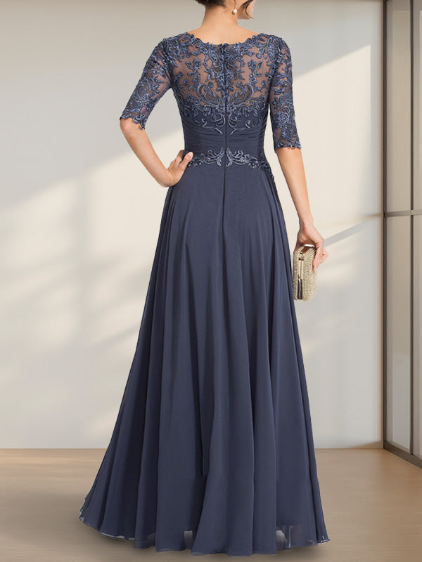 A-Linie, U-Ausschnitt, Illusion, bodenlanges Chiffon-Spitzenkleid für die Brautmutter mit plissierten Pailletten