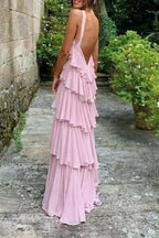 Elegante abito da sera in chiffon con collo all'americana, a strati e schiena scoperta Y1232