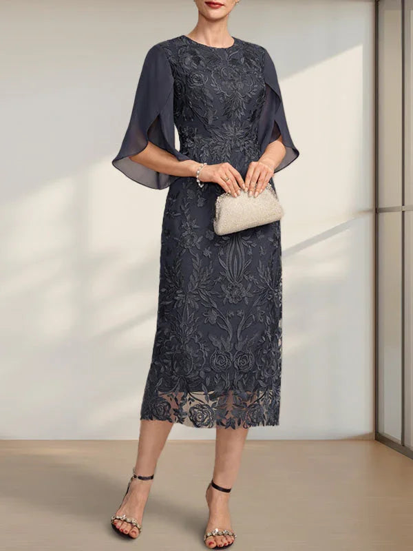 Vestido de Mãe da Noiva em Renda e Chiffon, Comprimento Chá, Modelo Tubo/Coluna com Fenda