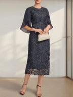 Vestido de Mãe da Noiva em Renda e Chiffon, Comprimento Chá, Modelo Tubo/Coluna com Fenda