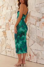 The Janika Printed Asymmetrical Strap Fixed Knot Stretch Midi Dress