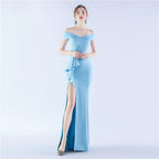 Classic Satin Off Shoulder Long Evening Dress – Elegant & Timeless
