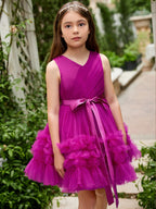 Fuchsia Princess Sleeveless Tulle Flower Girl Ruffles Mini Wedding Dress