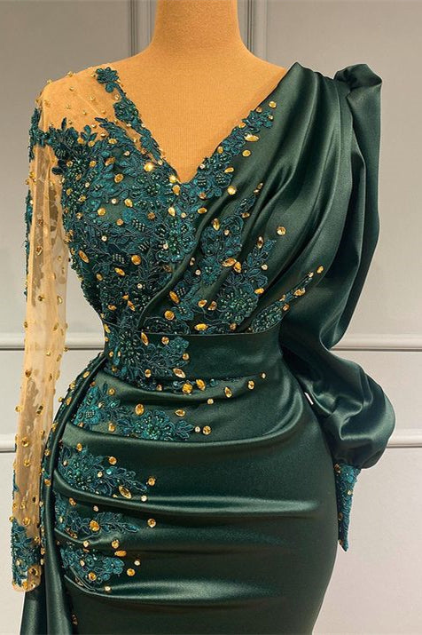 Abito da sera lungo verde scuro a maniche lunghe con scollo a V, perline e raso, stile sirena