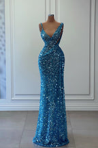 Abito lungo da sera a sirena senza maniche con scollo a spalle scoperte e paillettes