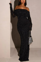 Robe longue noire à sequins avec épaule dénudée
