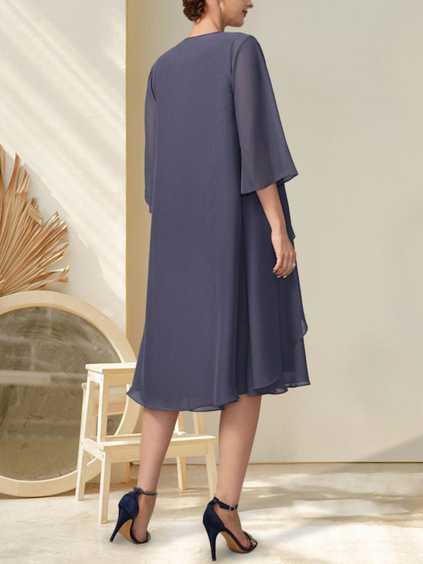 A-Linie U-Ausschnitt Knielang Chiffon Kleid für die Brautmutter mit Perlenbesatz