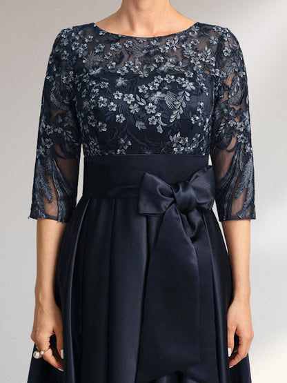 A-Linie U-Ausschnitt Illusion Asymmetrisch Satin Spitze Mutter der Braut Kleid mit Schleife