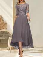 Abito da madre della sposa in chiffon e pizzo con scollo a barca a linea ad A, effetto illusione, asimmetrico, con perline e paillettes