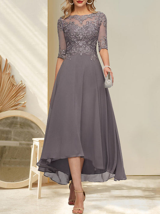 Vestido de madre de la novia de gasa asimétrica con escote barco, ilusión, encaje y lentejuelas con abalorios.