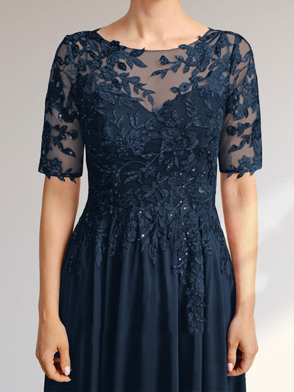 Robe de mère de la mariée en mousseline et dentelle asymétrique illusion à encolure dégagée, coupe en A, ornée de paillettes
