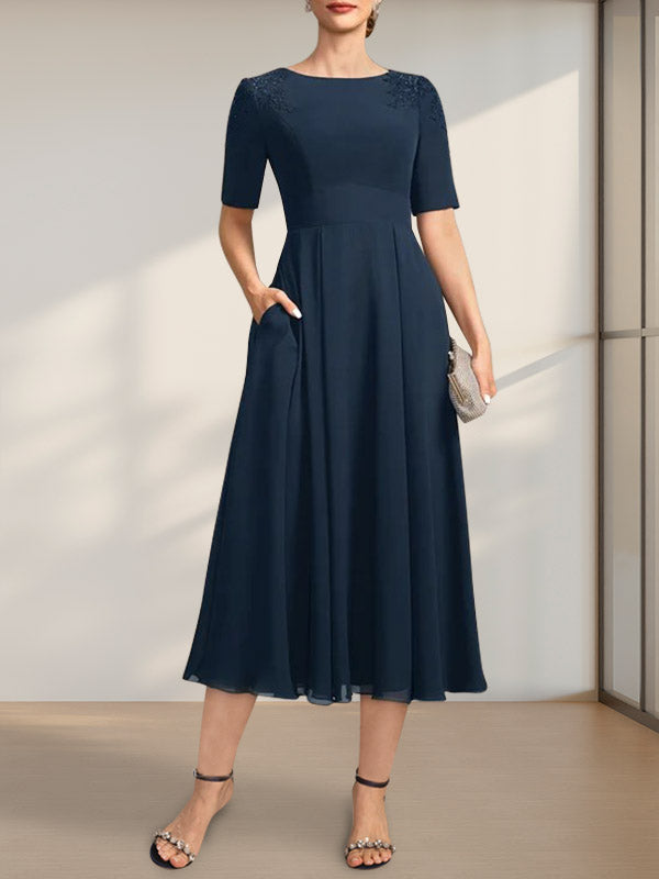 A-Linie U-Ausschnitt Wadenlang Chiffon Kleid für die Brautmutter mit Applikationen Spitze Pailletten