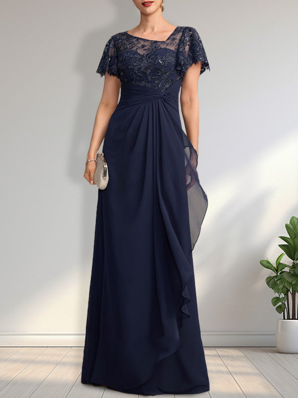 Abito da madre della sposa in pizzo e chiffon con gonna lunga a terra, linea a trapezio asimmetrica, effetto illusione, con balze a cascata e paillettes