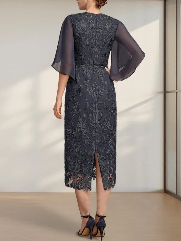 Vestido de Mãe da Noiva em Renda e Chiffon, Comprimento Chá, Modelo Tubo/Coluna com Fenda