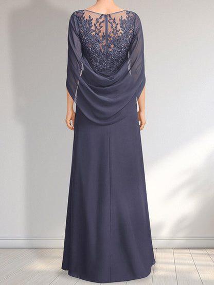 A-Linie, U-Ausschnitt, Illusion, bodenlanges Chiffon-Kleid für die Brautmutter mit plissierten Pailletten