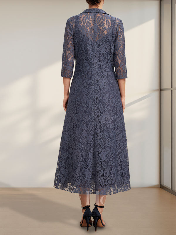 A-Linie V-Ausschnitt Wadenlanges Chiffonkleid für die Brautmutter