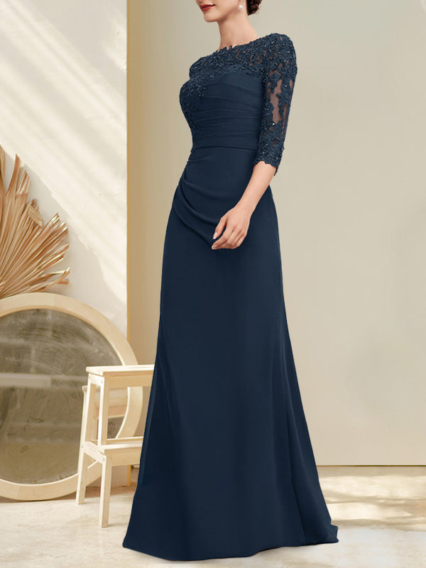 Robe de mère de la mariée en mousseline et dentelle, longueur au sol, en ligne A, décolleté en U, ornée de perles et de paillettes plissées