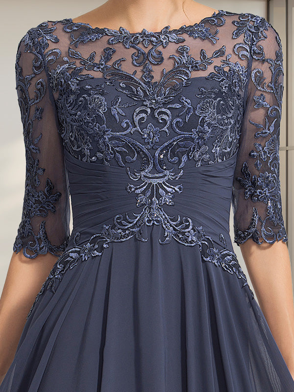 A-Linie, U-Ausschnitt, Illusion, bodenlanges Chiffon-Spitzenkleid für die Brautmutter mit plissierten Pailletten