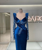Abito da cerimonia sirena blu reale con maniche lunghe eleganti e ricami scintillanti di perline