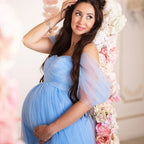 Chic Sky Blue Tulle Maternity Dress with Train - Ideal for Baby Shower Photoshoots