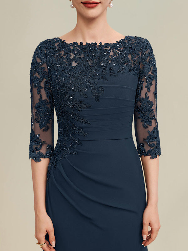 Robe de mère de la mariée en mousseline et dentelle, longueur au sol, en ligne A, décolleté en U, ornée de perles et de paillettes plissées