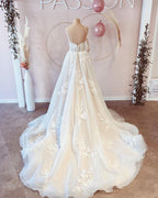 Spaghetti Straps Backless V Neck A Line Long Wedding Dress With Tulle