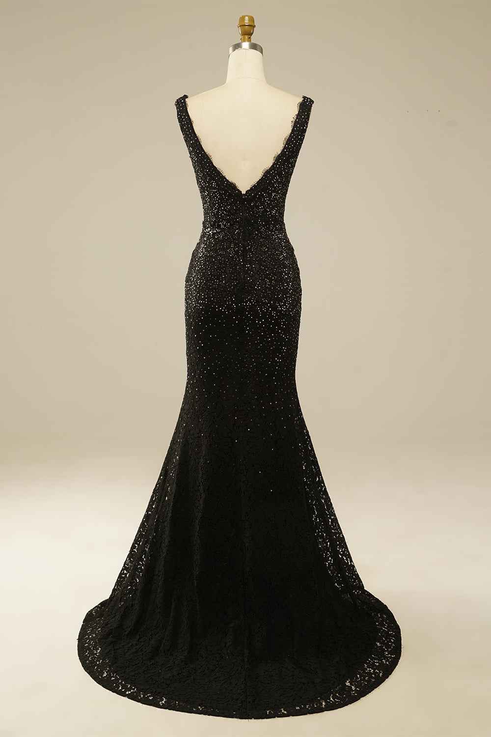 Elegant Black Lace Long Prom Dress With Glitter Rhinestones