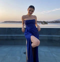 Vestido de Baile Longo Azul Real Sexy Sem Alças com Fenda Y7642