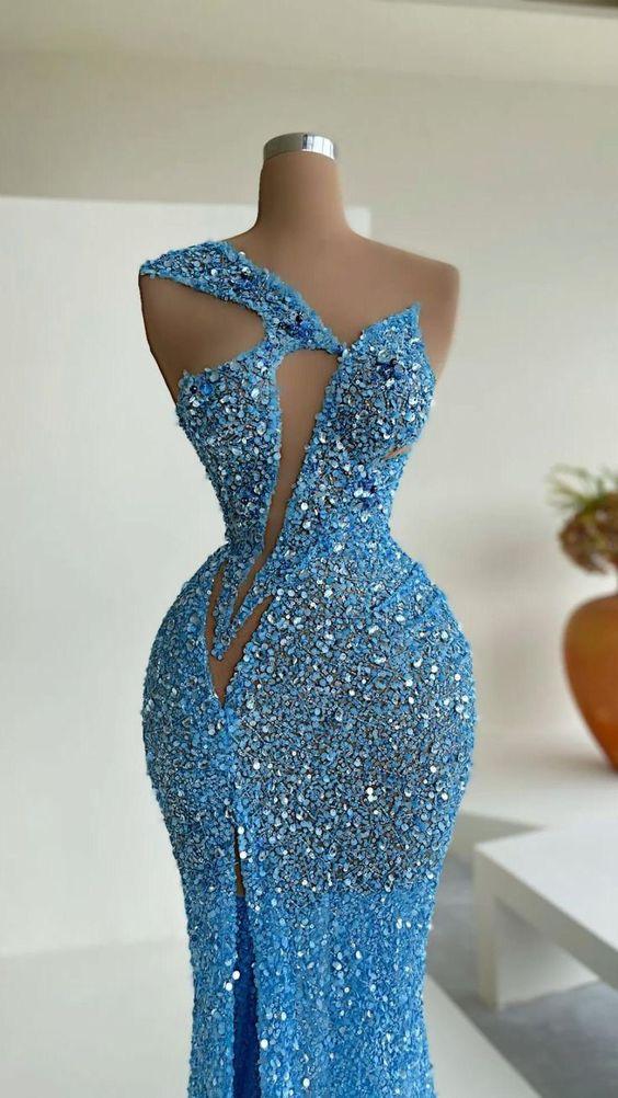 Abito da sera incantevole con paillettes sirena blu per celebrità Y31