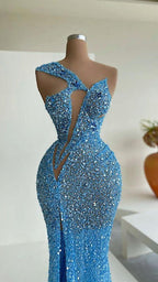 Abito da sera incantevole con paillettes sirena blu per celebrità Y31