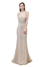 BMbridal Luxurious Beaded Mermaid Prom Dress Sleeveless V Neck Tulle Gown