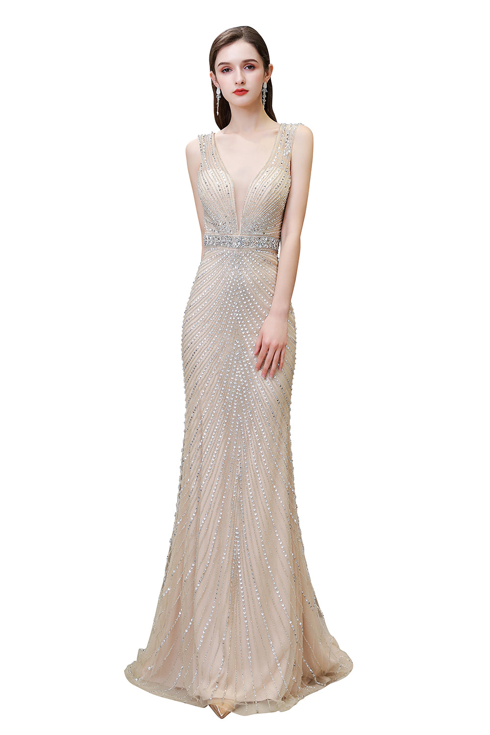 BMbridal Luxurious Beaded Mermaid Prom Dress Sleeveless V Neck Tulle Gown