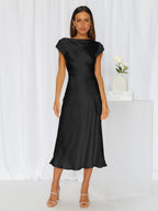 Summer Women High Fork Elegant Dress Sexy Slimming Backless Pure Satin Evening Dress