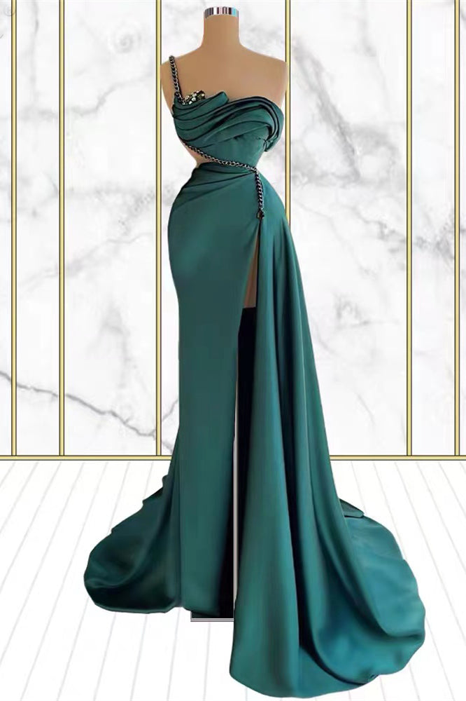Vestido de Baile Sereia com Um Ombro, Renda de Esmeralda e Fenda