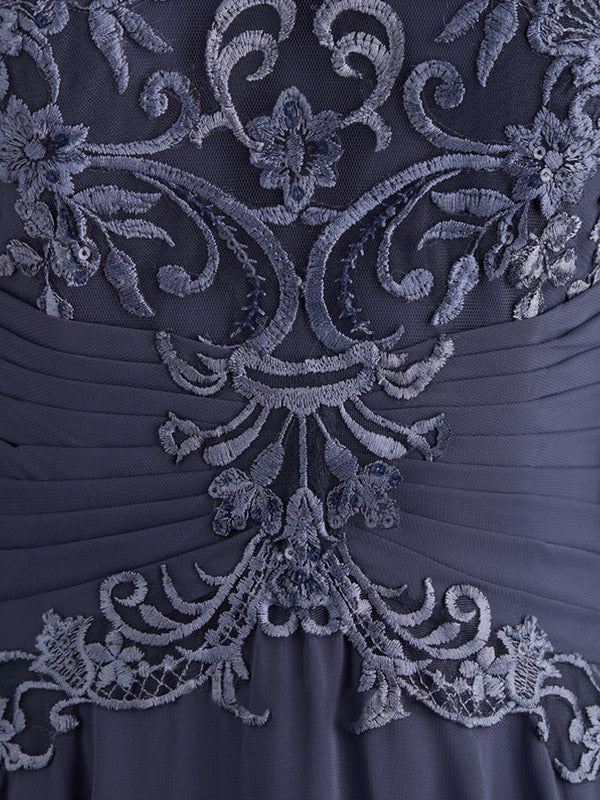 Robe de mère de la mariée en dentelle de mousseline longueur au sol, ligne A, décolleté illusion en forme de cuvette avec sequins plissés