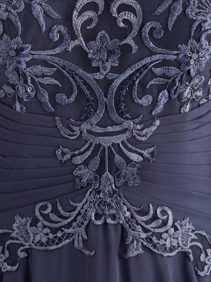 A-Linie, U-Ausschnitt, Illusion, bodenlanges Chiffon-Spitzenkleid für die Brautmutter mit plissierten Pailletten