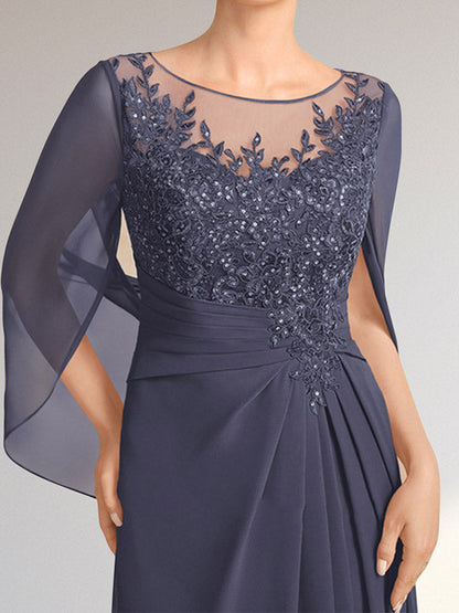 A-Linie, U-Ausschnitt, Illusion, bodenlanges Chiffon-Kleid für die Brautmutter mit plissierten Pailletten
