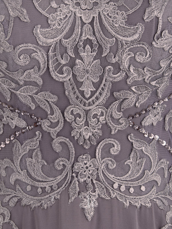 Abito da madre della sposa in chiffon e pizzo con scollo a barca a linea ad A, effetto illusione, asimmetrico, con perline e paillettes