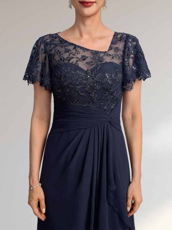 Abito da madre della sposa in pizzo e chiffon con gonna lunga a terra, linea a trapezio asimmetrica, effetto illusione, con balze a cascata e paillettes