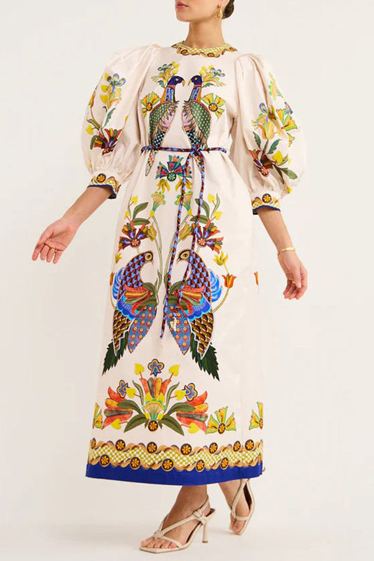 Garden Party – Unique Heaven – Lockeres Midikleid mit Puffärmeln und Vogelprint 