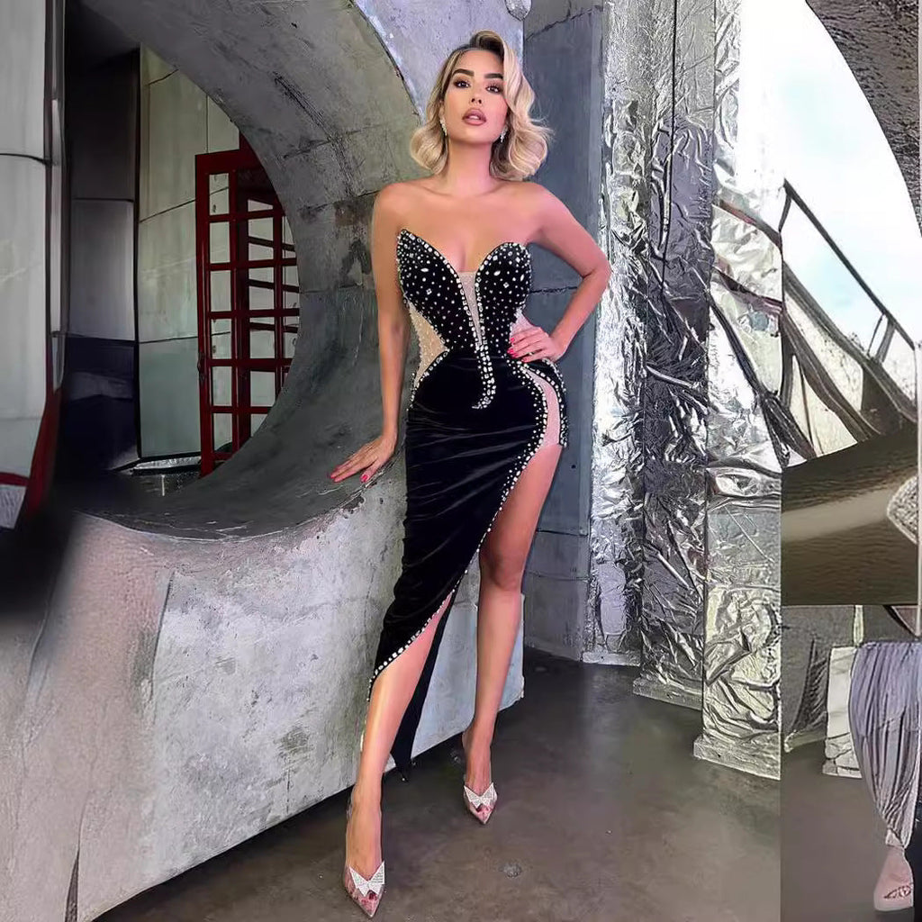 Sexy Strapless Beaded Bodycon Dress Party Prom Dress