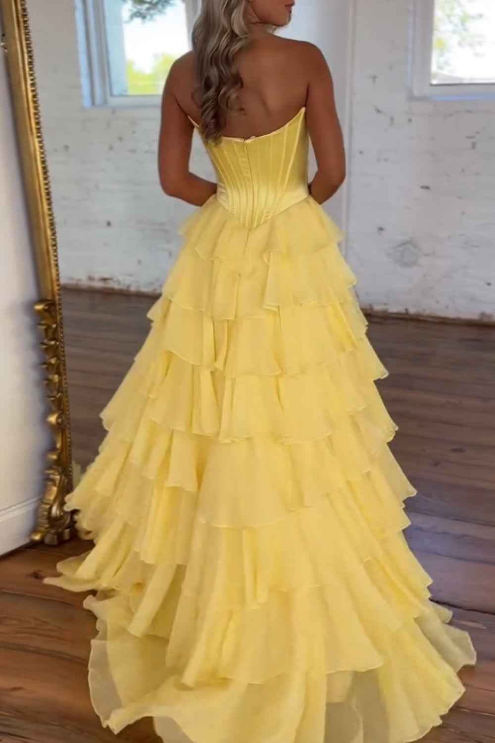Blue Sweetheart Ruffled Long Corset Prom Dress With Slit