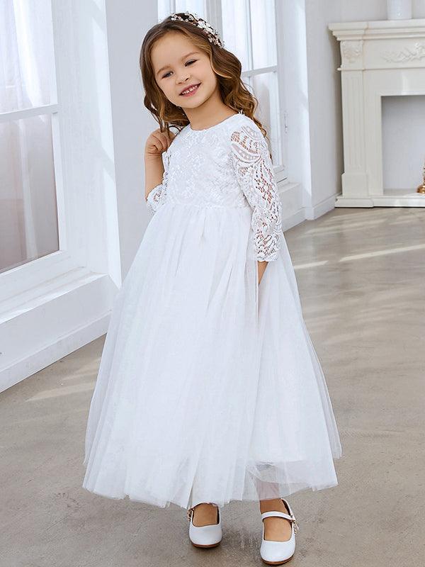 Girls Long Sleeve Peony Lace A Line Tulle Party Dress