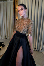 Long Prom Dress Half Sleeves High Slit Custom 70 Colors Available