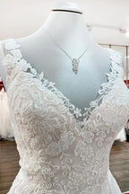 Chic Tulle V Neck Open Back Long A Line Wedding Dress With Lace Ruffles