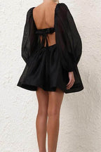 Black Long Sleeves Backless A Line Short Prom Dress With Pockets