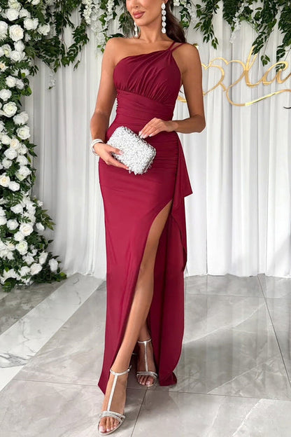 Vestido largo con abertura y volantes en la cintura fruncida de un solo hombro para fiesta Love 