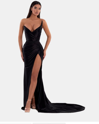 Sexy trägerloses Ballkleid in Königsblau mit V-Ausschnitt, hohem Schlitz und Plissee 