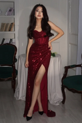 Sequin Strapless Sleeveless Long High Split Prom Dress