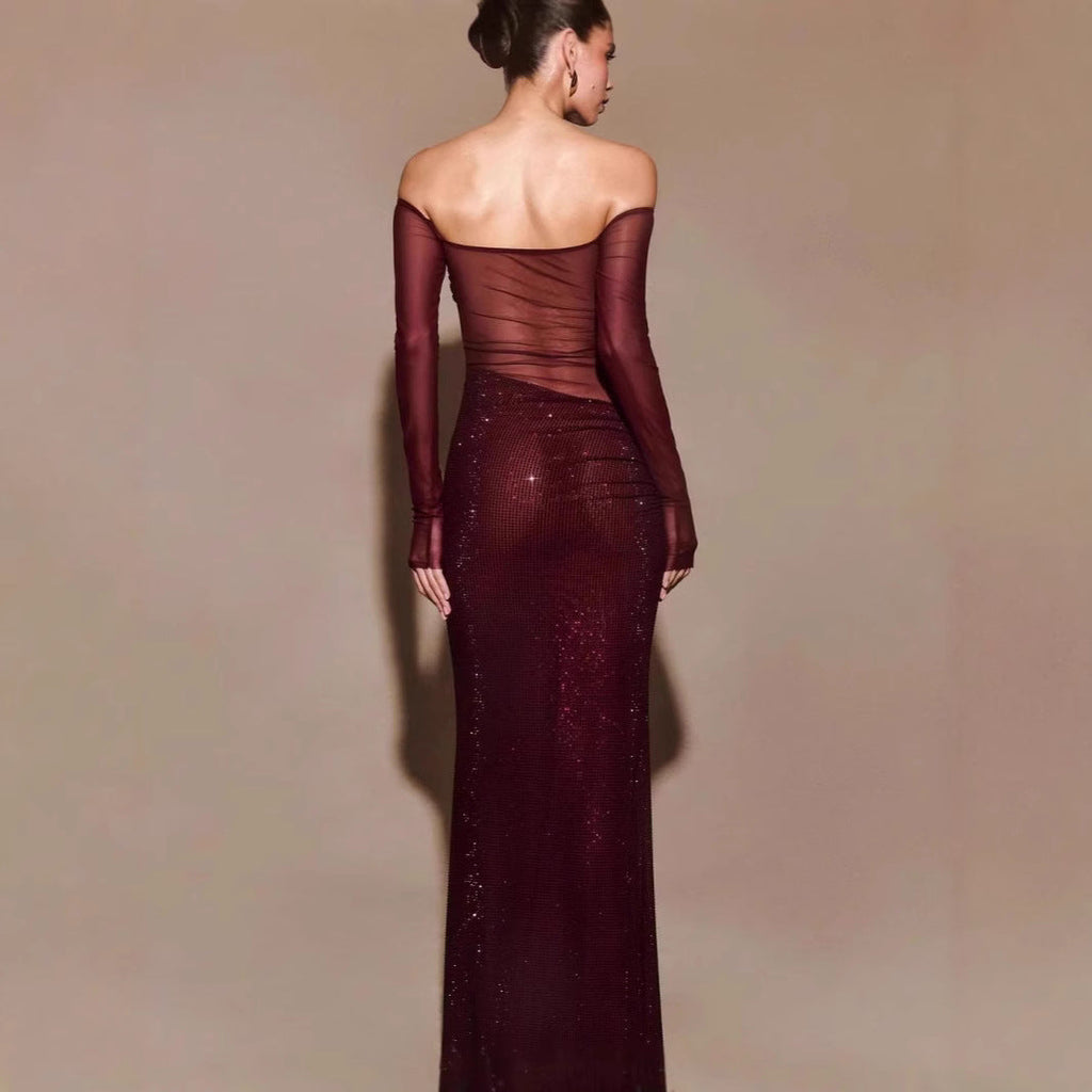 Vestido de fiesta elegante, ajustado y con un solo hombro y diamantes de imitación 